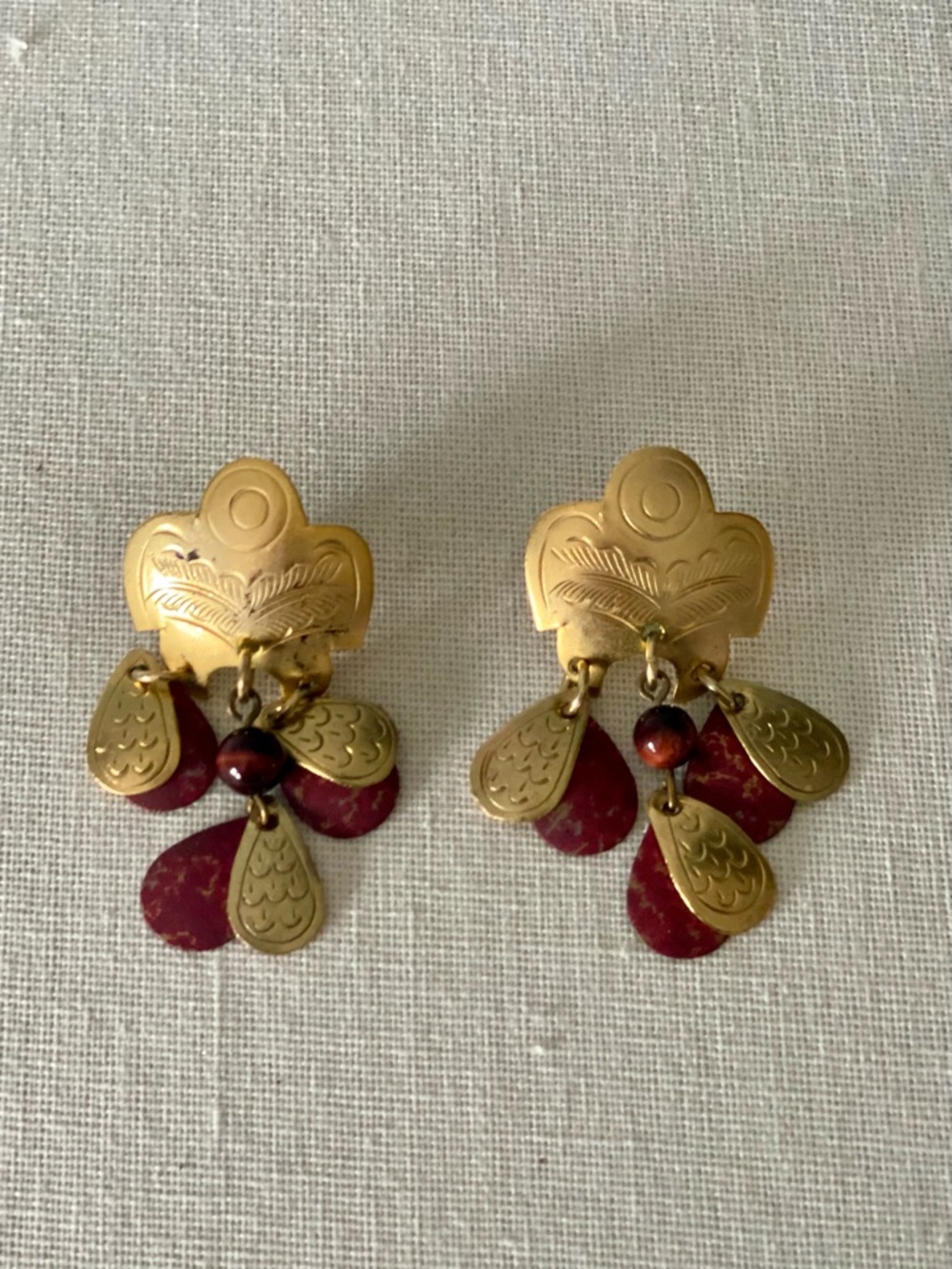 Elegant Gold and Red Dangle Pierced Earrings